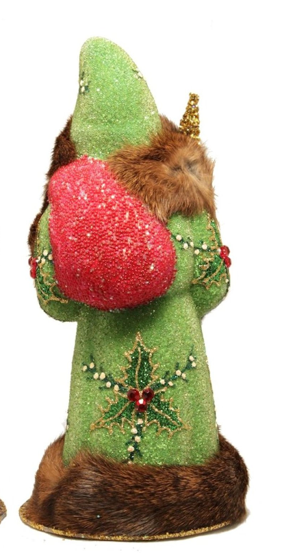 Ino Schaller Green Beaded Holly Leaf Santa Candy Container