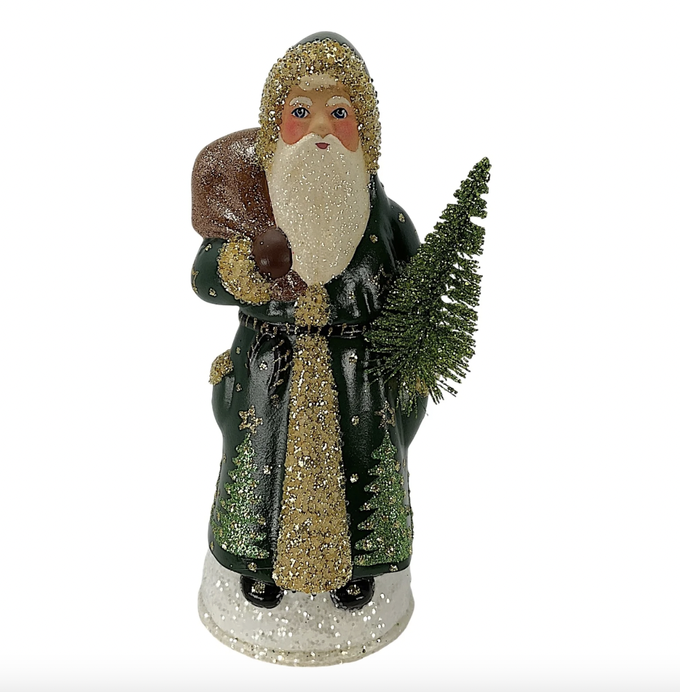 Forest Green Paper Mache Santa with Tree Scene