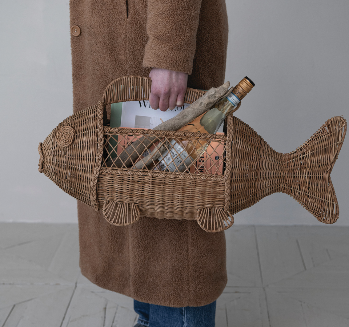 Hand-Woven Rattan & Wire Fish Shaped Container with Handle