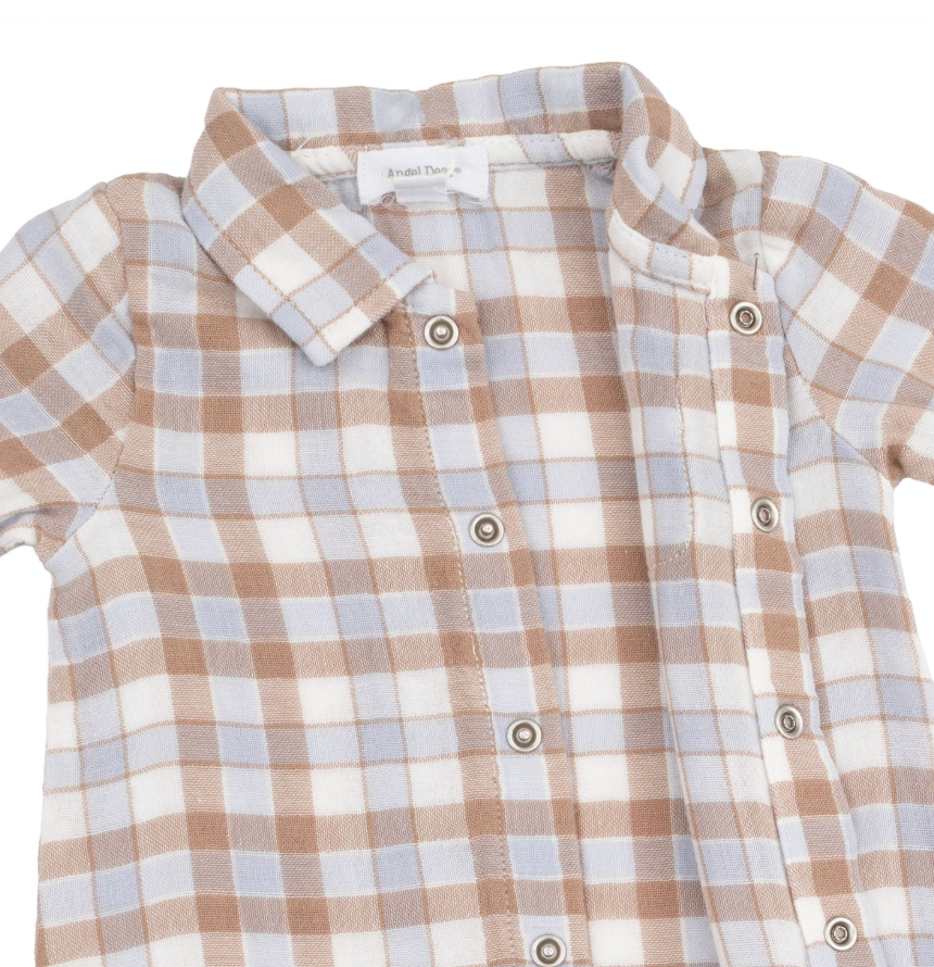 Western Plaid Long Sleeve Polo Romper