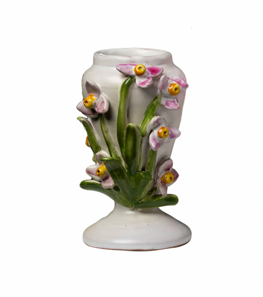 Small White Vase with Pink and Yellow Flowers