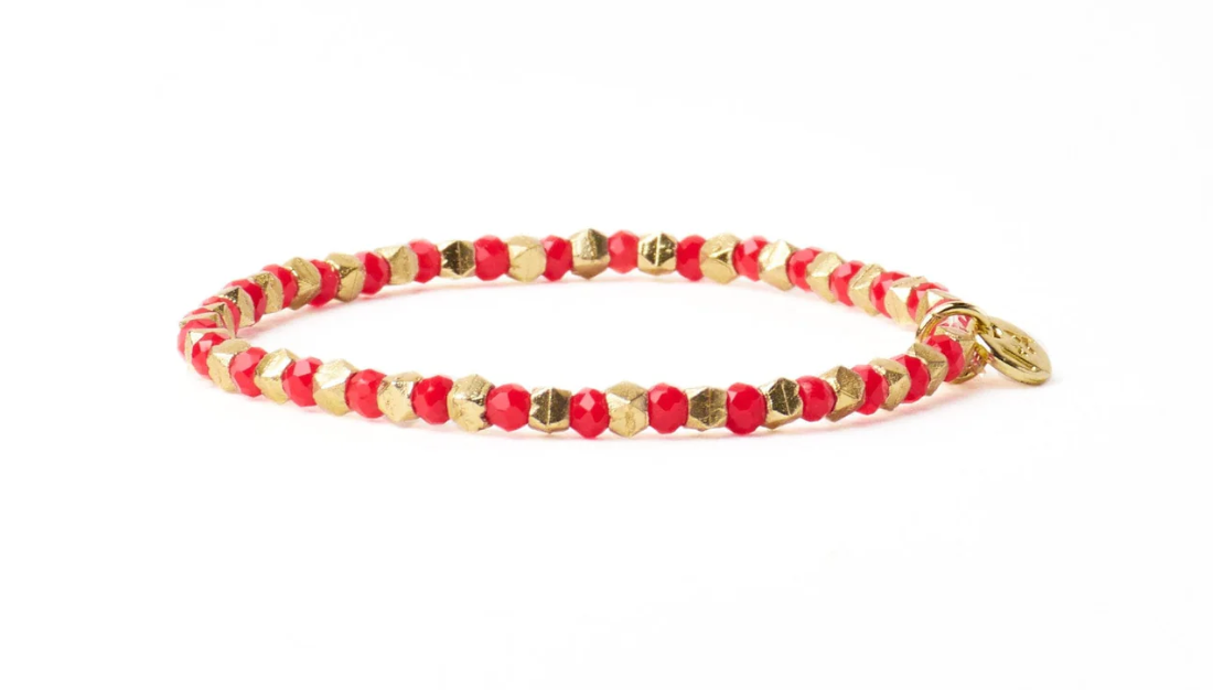 Bright Red + Gold Crystal Stretch Bracelet