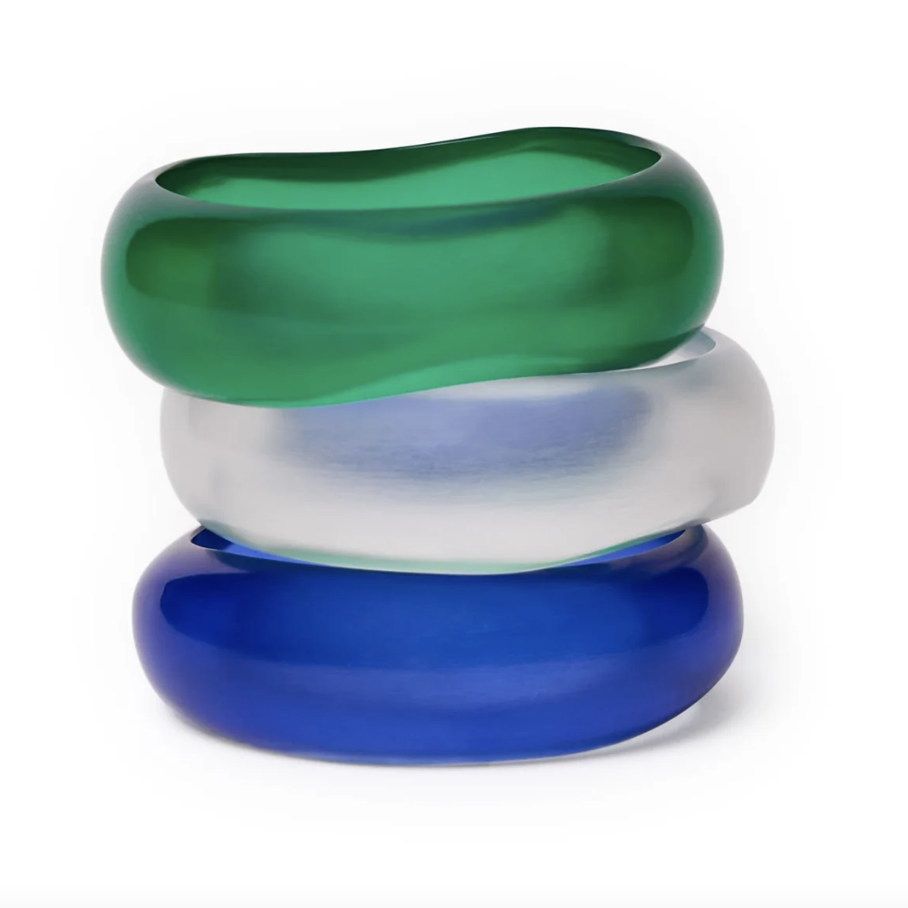 Light Blue, Navy, + Green Resin Bangles, Set Of 3