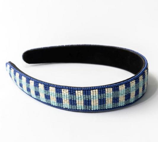 Blue Gingham Beaded Headband