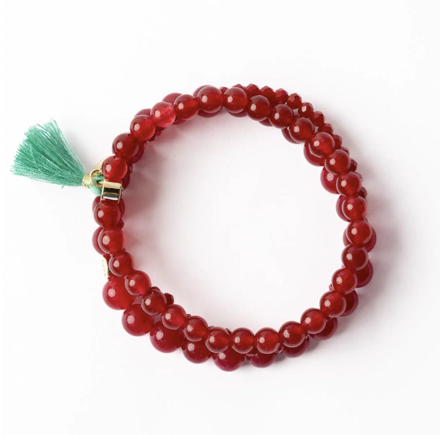 Raspberry Set Of Three Stretch Glass & Crystal Bracelets With Bag