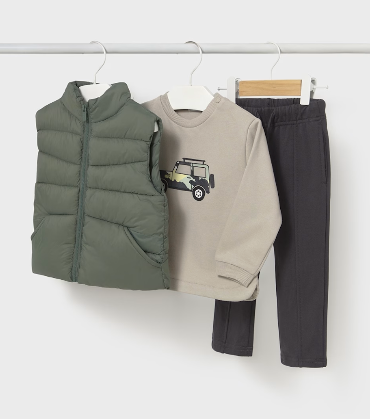 Boys Three Piece Set - Longe Sleeve Tee, Sweatpants, & Puffer Vest