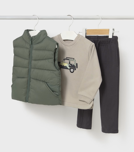 Boys Three Piece Set - Longe Sleeve Tee, Sweatpants, & Puffer Vest