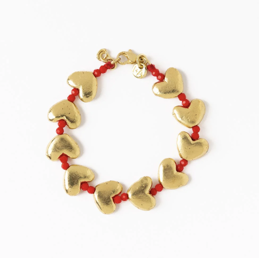 Brass Heart Bracelet With Red Crystals