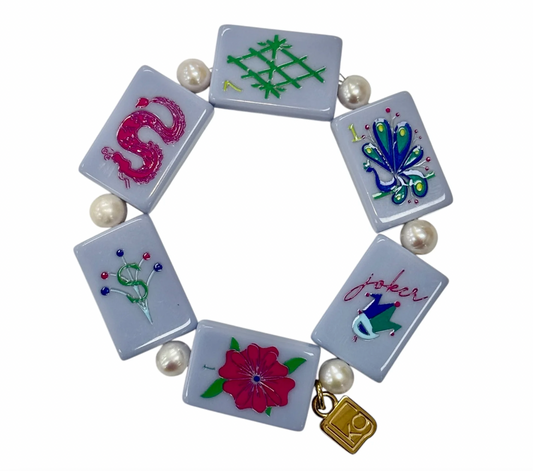 Sky Mahj Tile + Pearl Bracelet