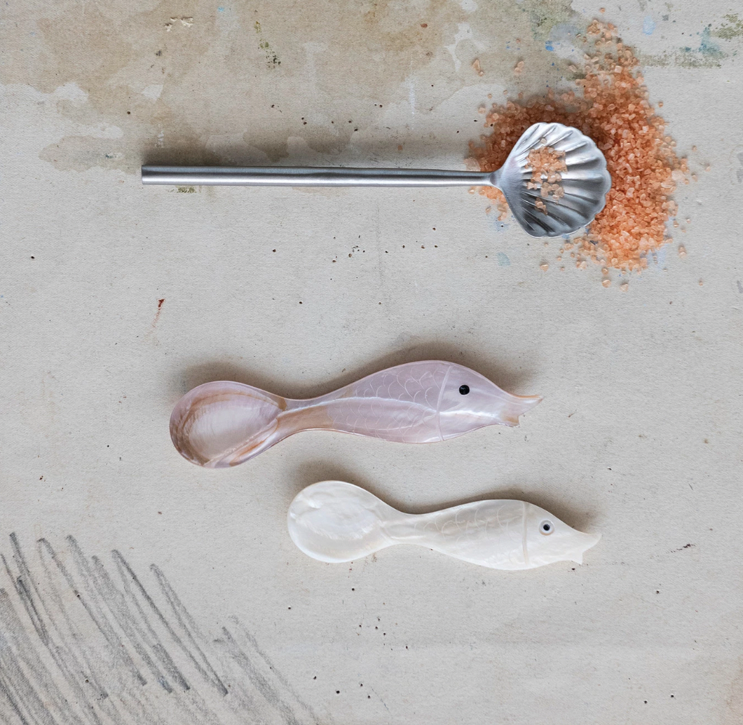 Natural Shell Spoon with Fish Shaped Handle (Each One Will Vary)