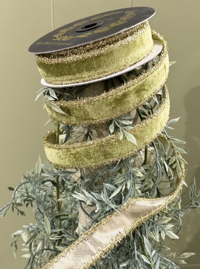 Velvet Metallic Dupioni Double Fused Tinsel Edge Apple Green Wired Ribbon