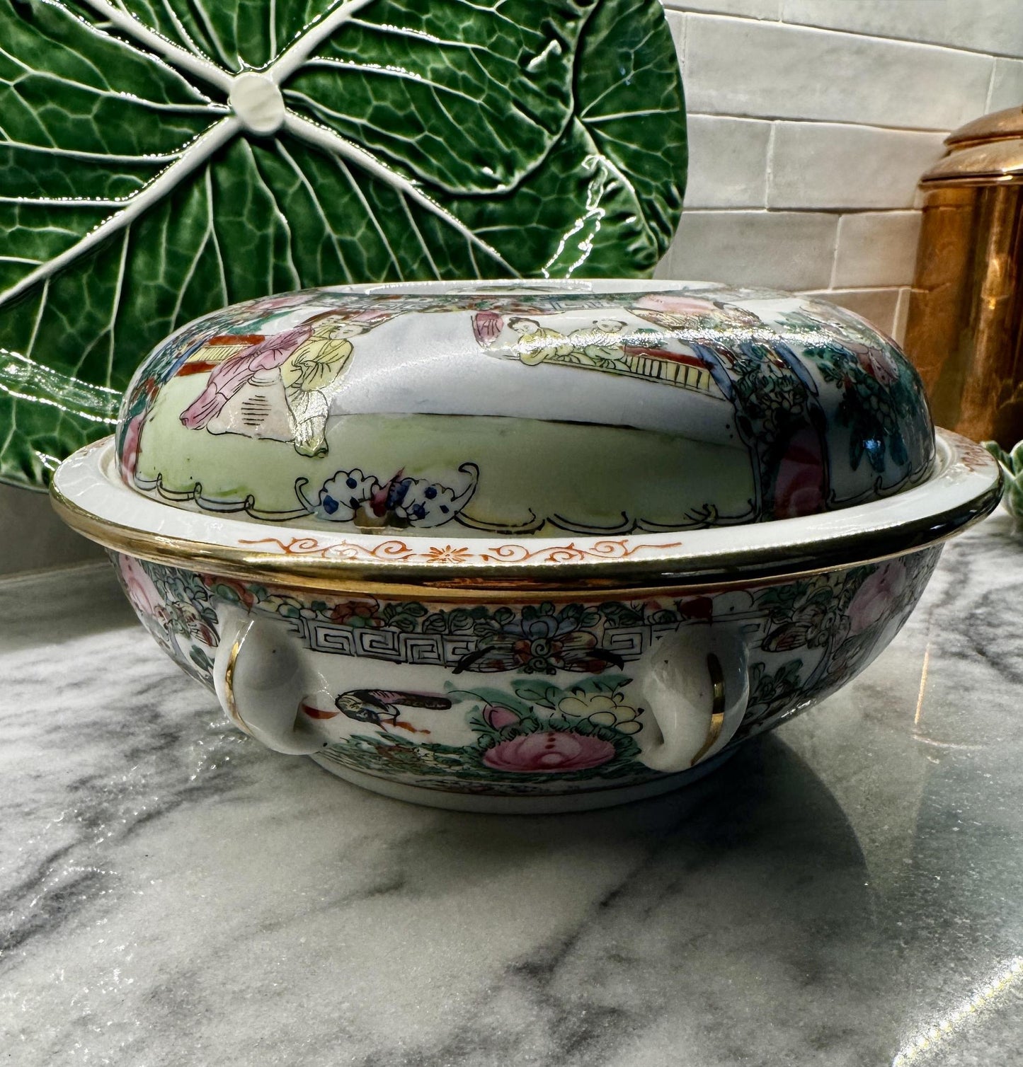 Vintage Rose Medallion Porcelain Covered Vegetable Dish