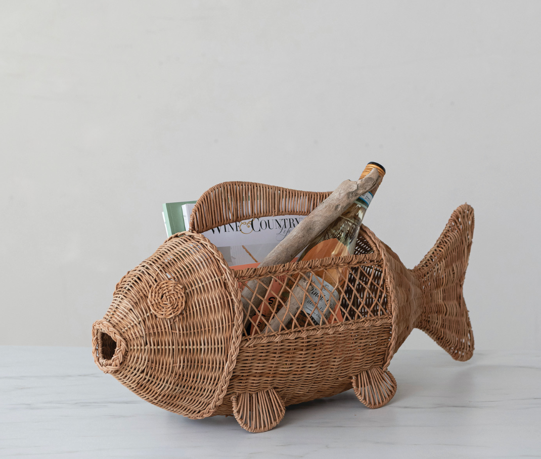 Hand-Woven Rattan & Wire Fish Shaped Container with Handle