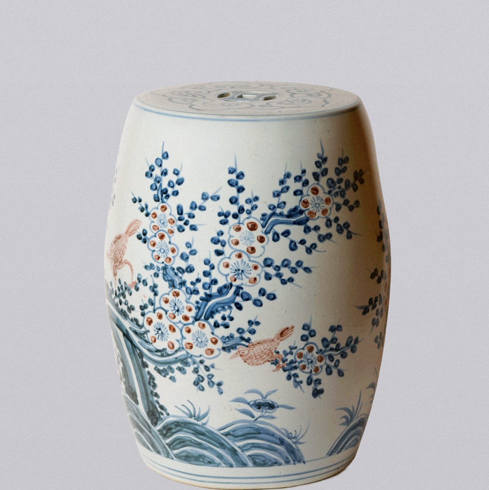 Red and Blue Porcelain Bird and Flower Garden Seat