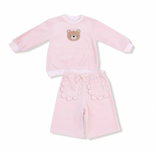 Velour Teddy Bear Oversized Shirt with Wide Leg Pant Set