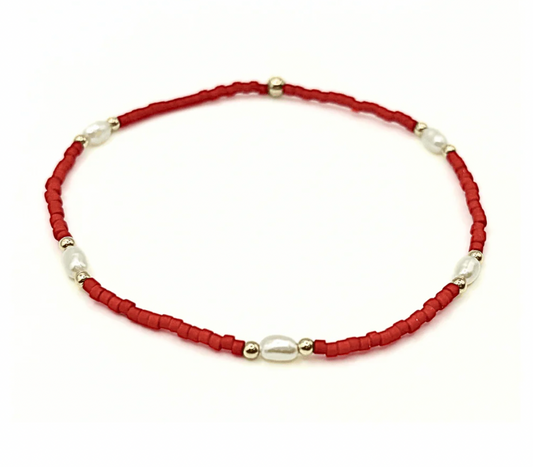 Red Game Day Gold-Filled & Natural Rice Pearls Waterproof Bracelet