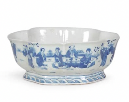 Blue and White Oval Bowl