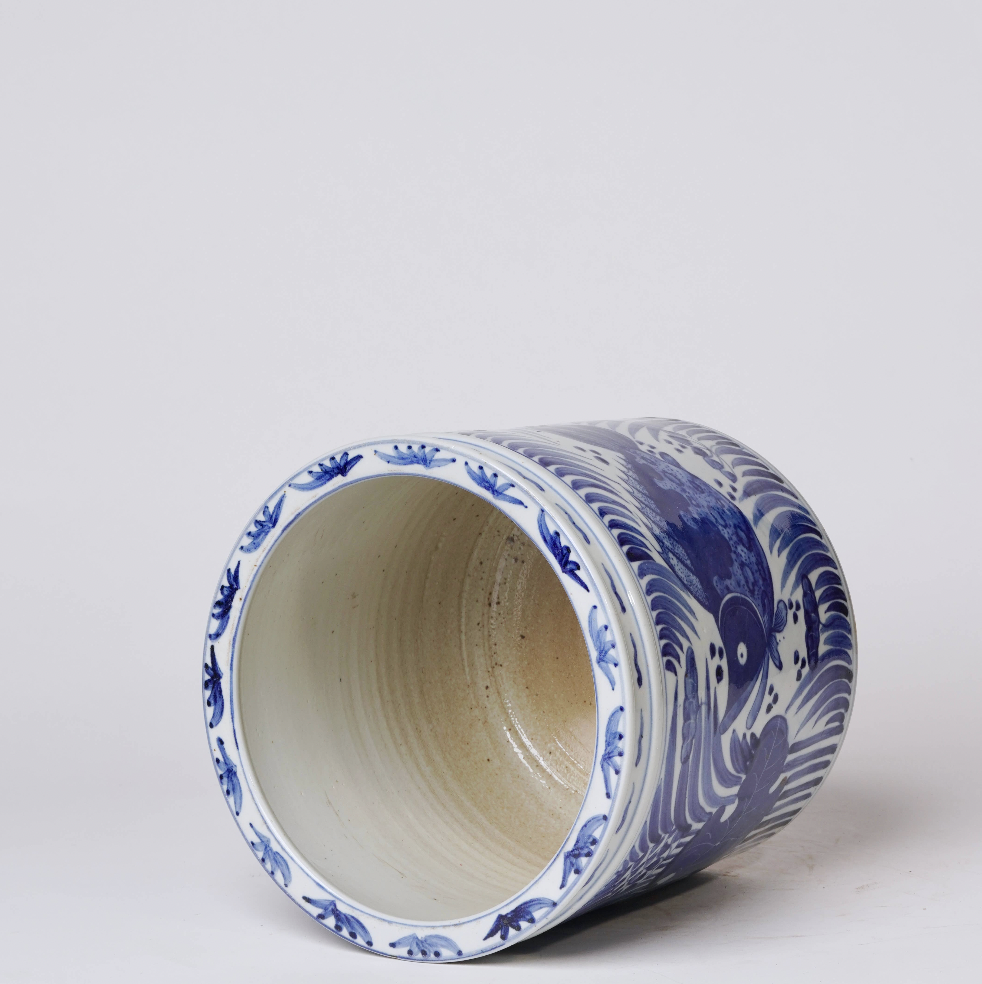 Blue and White Porcelain Fish and Lotus Cachepot