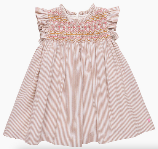 Tawny Brown Striped and Smocked Stevie Dress