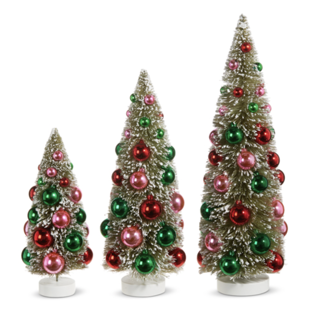 Flocked Bottle Brush Trees with Ornaments