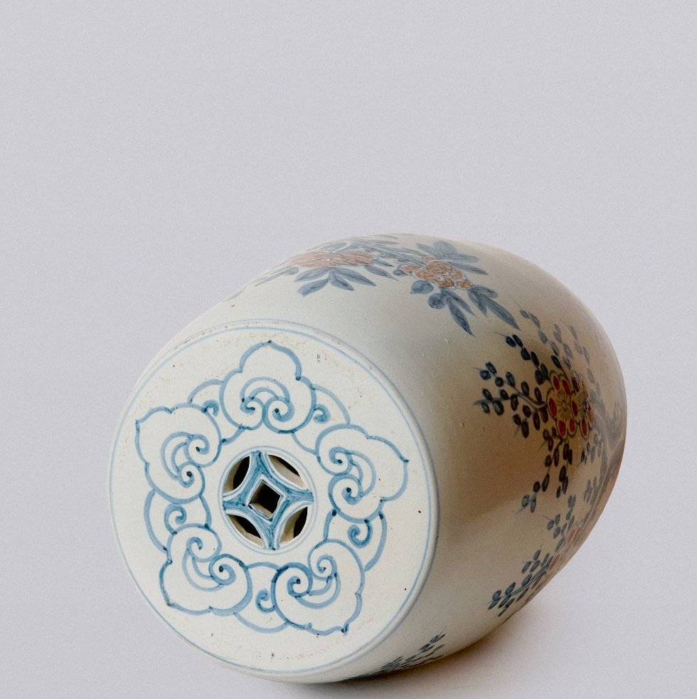 Red and Blue Porcelain Bird and Flower Garden Seat