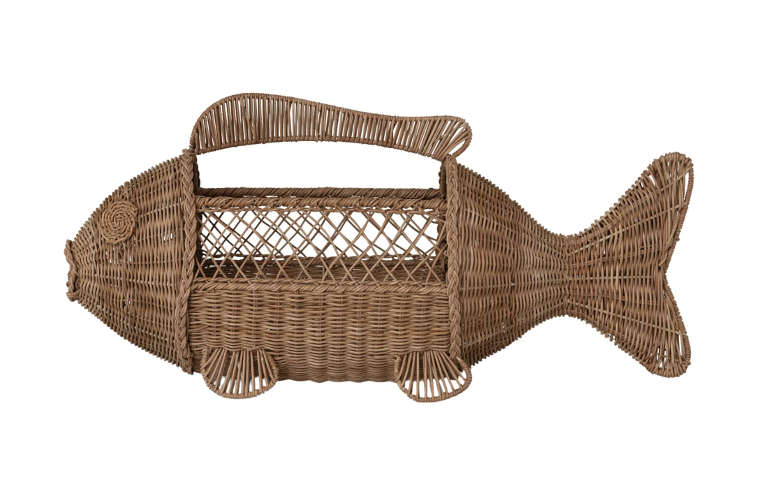 Hand-Woven Rattan & Wire Fish Shaped Container with Handle