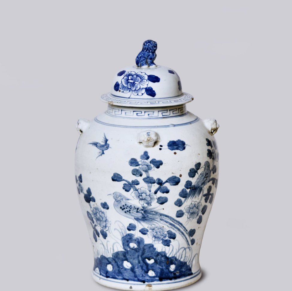 Bird and Flower Blue and White Porcelain Temple Jar