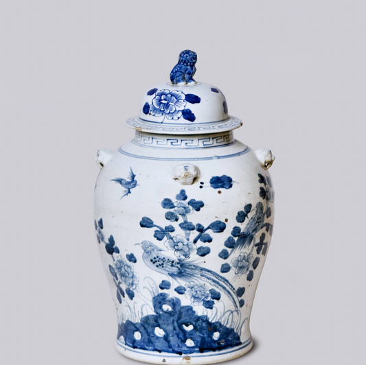 Bird and Flower Blue and White Porcelain Temple Jar