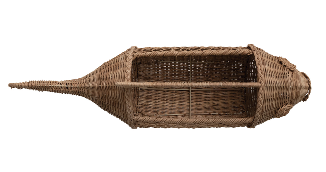 Hand-Woven Rattan & Wire Fish Shaped Container with Handle