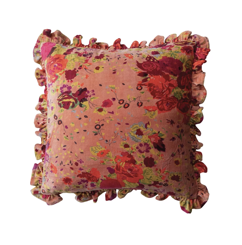 Velvet Floral Printed Pillow with Ruffle Edge