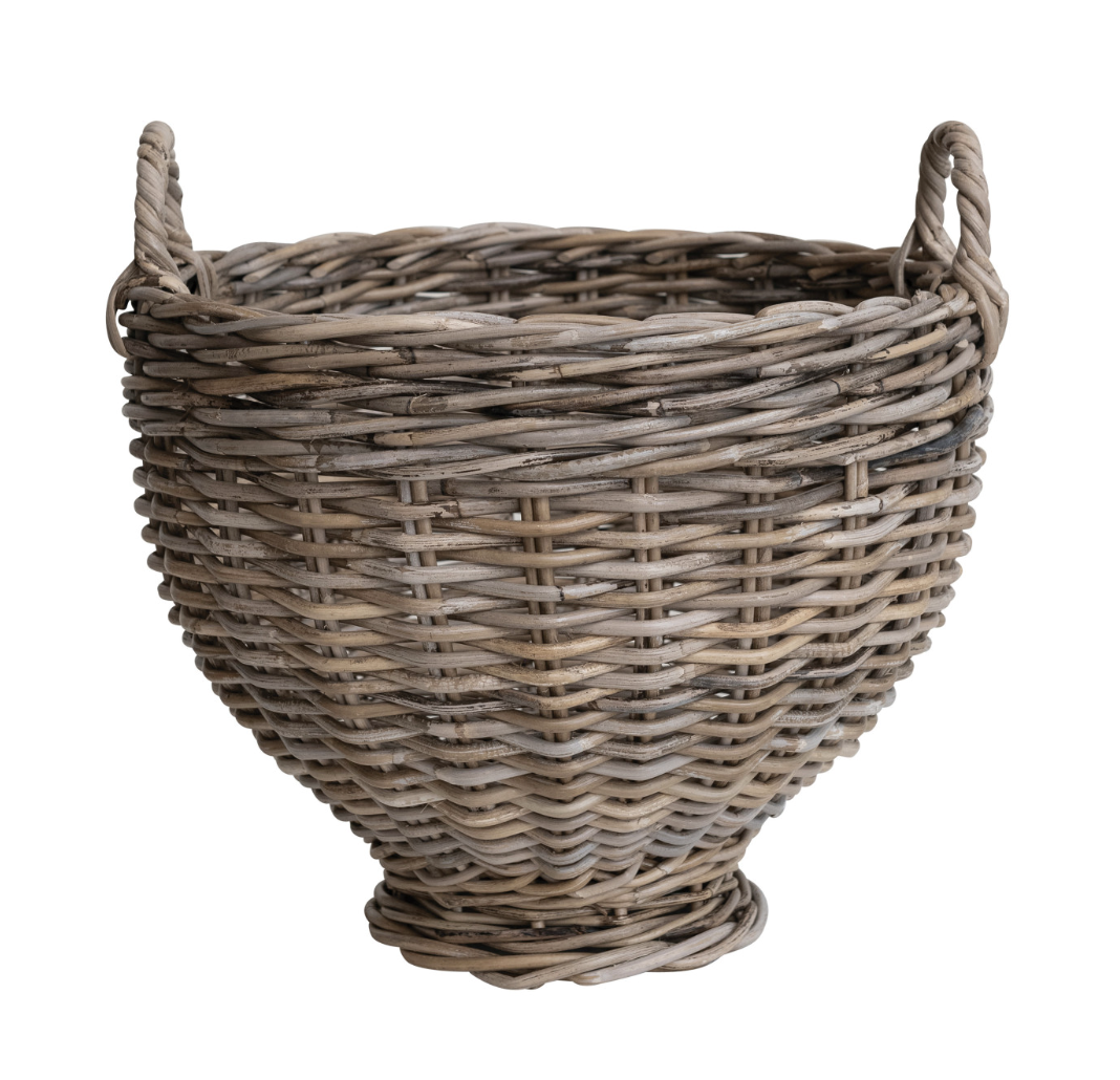 Hand-Woven Rattan Footed Basket with Handles