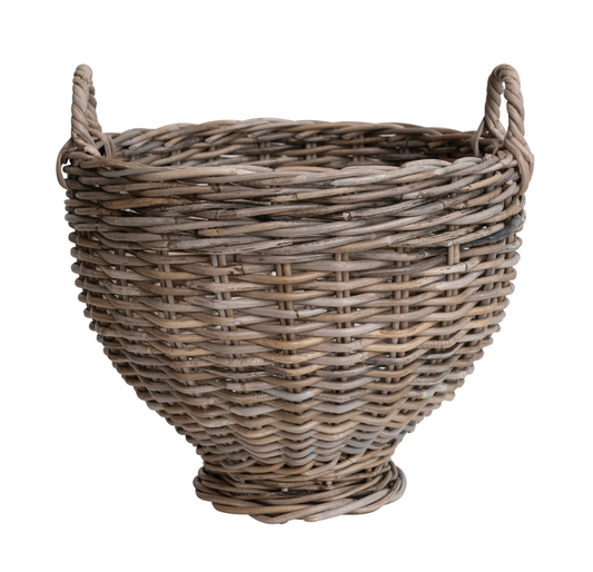 Hand-Woven Rattan Footed Basket with Handles