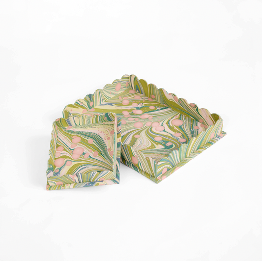 Moss Fire Whirl Marbled Scalloped Tray Set