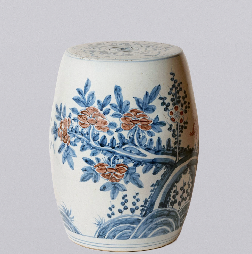 Red and Blue Porcelain Bird and Flower Garden Seat