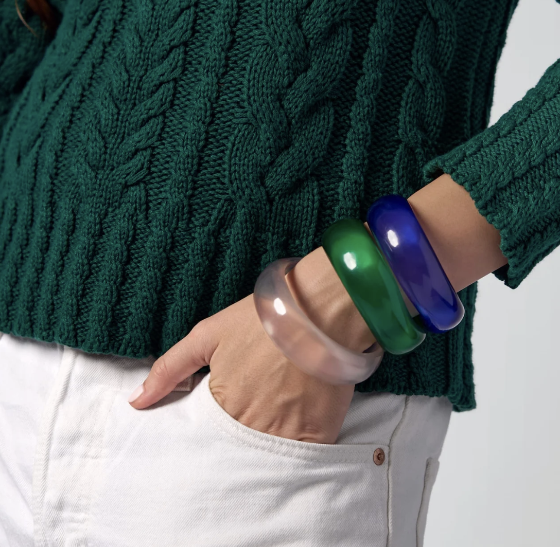 Light Blue, Navy, + Green Resin Bangles, Set Of 3