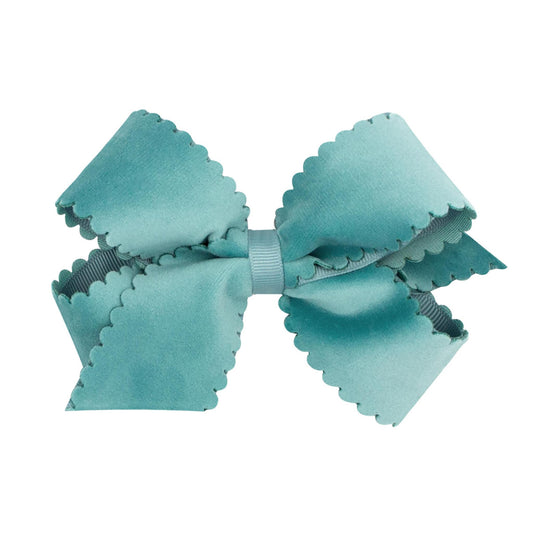 Nile Blue Medium Grosgrain Hair Bow with Scalloped Edge Faux Velvet Overlay