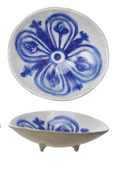 Blue + White Round Stoneware Footed Dish