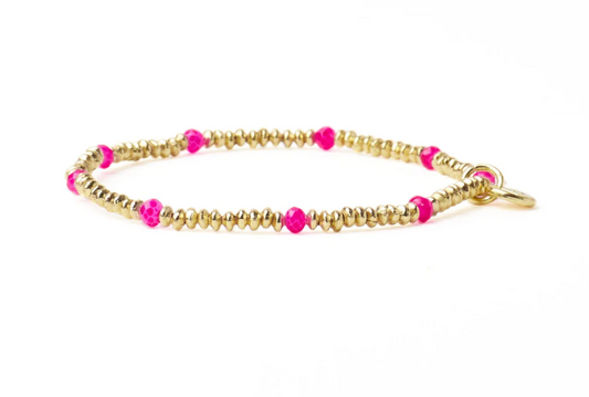 Pink Crystal + Gold Brass Beaded Bracelet