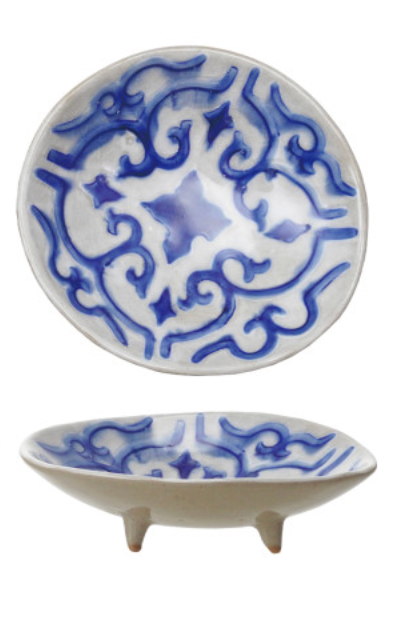 Blue + White Round Stoneware Footed Dish