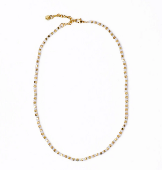 White + Gold Crystal Necklace With Alternating Brass Beads