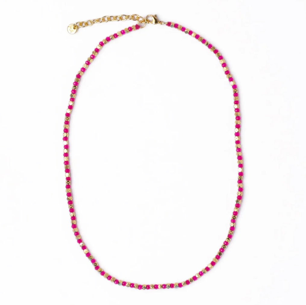 Bright Pink + Gold Crystal Necklace With Alternating Brass Beads
