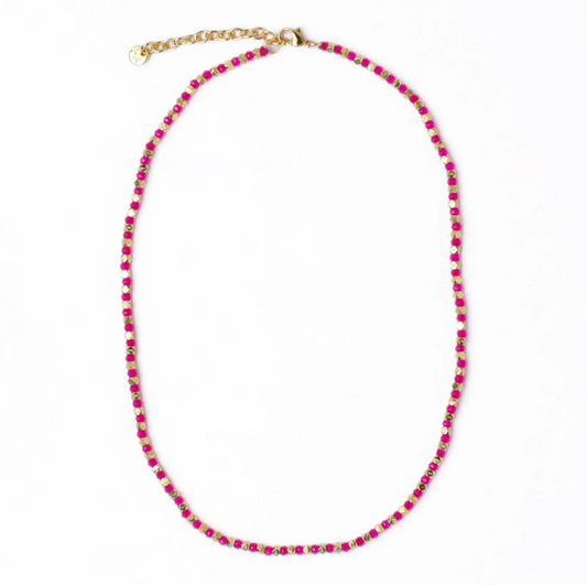 Bright Pink + Gold Crystal Necklace With Alternating Brass Beads