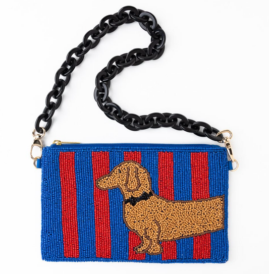 Red + Blue Striped Dachshund Beaded Bag