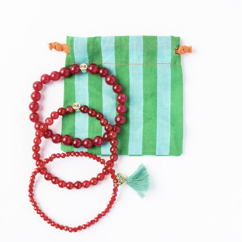 Raspberry Set Of Three Stretch Glass & Crystal Bracelets With Bag