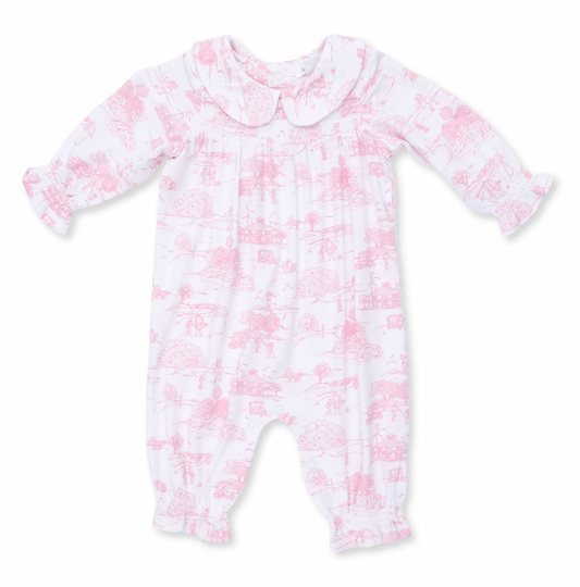 Golf Pink Toile Smocked Long Sleeve Romper