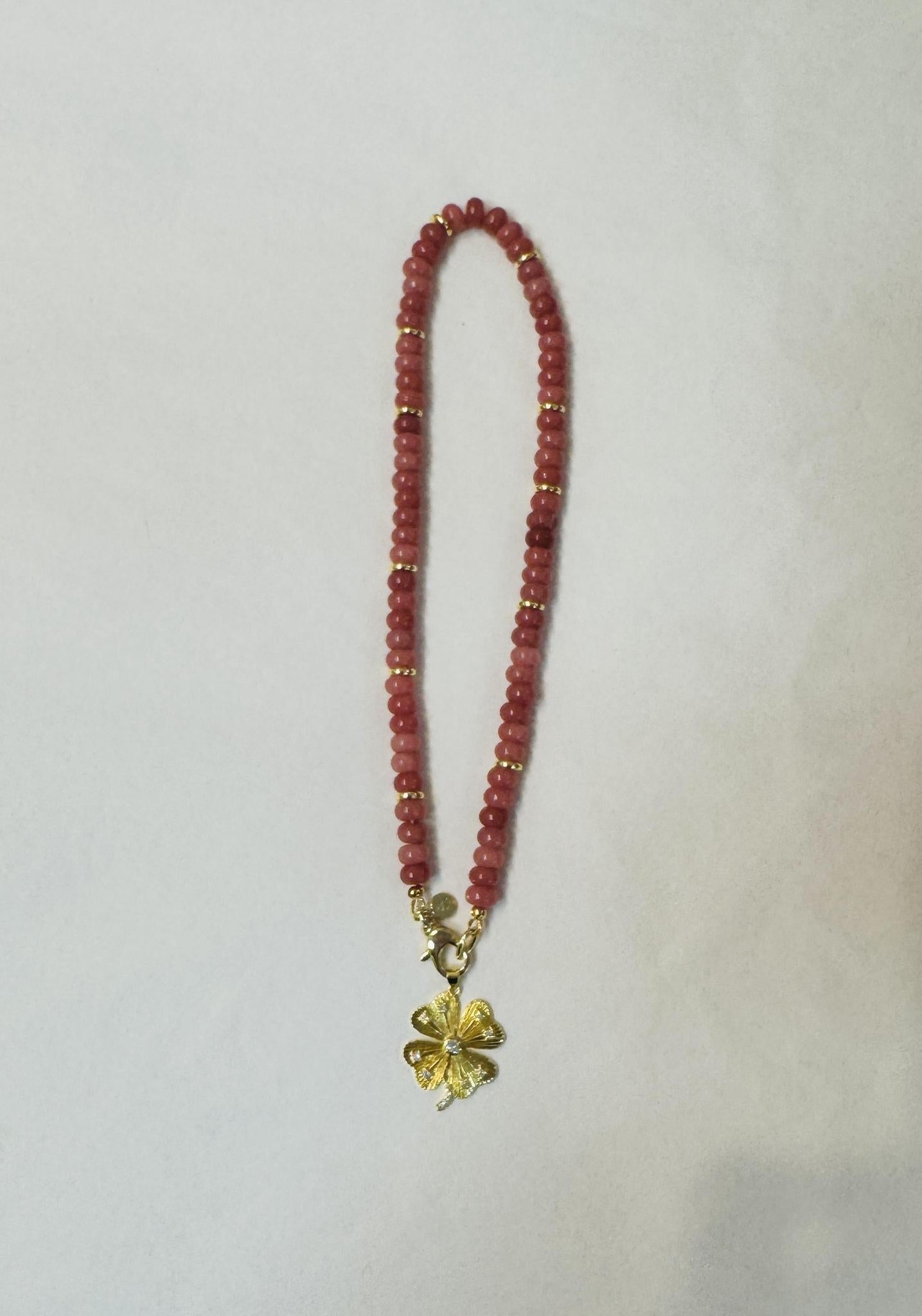 Coral Jade Necklace with Clover Charm