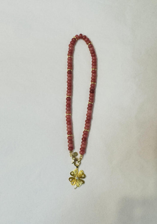 Coral Jade Necklace with Clover Charm