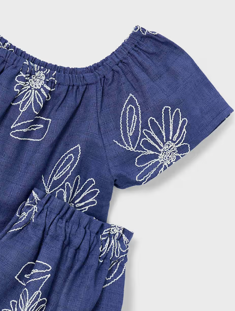 Linen Top + Skirt Set with Embroidered Flowers