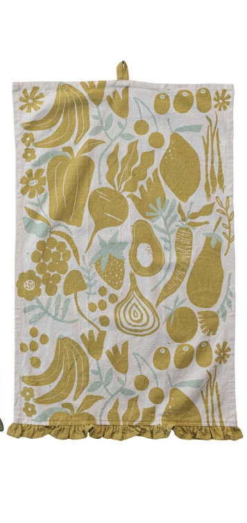 Cotton Printed Tea Towel with Fruit or Vegetables & Ruffled Edge