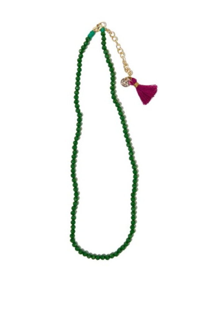 Emerald Crystal Necklace with Hot Pink Tassel
